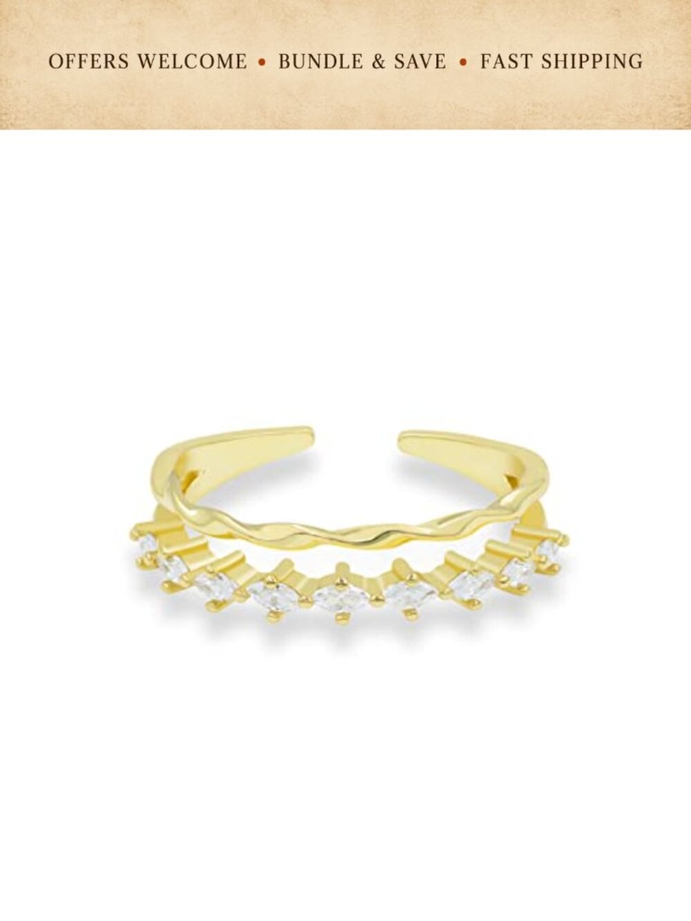 18K Gold Plated Adjustable Half Eternity Ring with Cubic Zirconia Stones